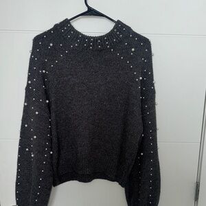 one clothing Charcoal Gray Pearl-Accent Crewneck Sweater